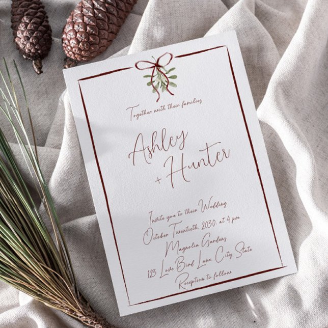 Rustic Red Hand Drawn Bow Winter Wedding Invitation (Easily personalize this sweet winter wedding invite for the romantic day of your dreams)