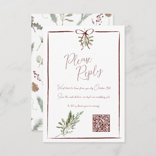 Rustic Red Hand Lettered Winter Wedding QR RSVP (Front/Back)