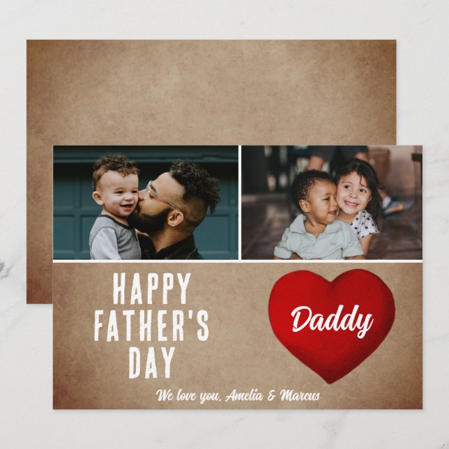 Rustic Red Heart Happy Father's Day Daddy 2 Photo Card (Front/Back)