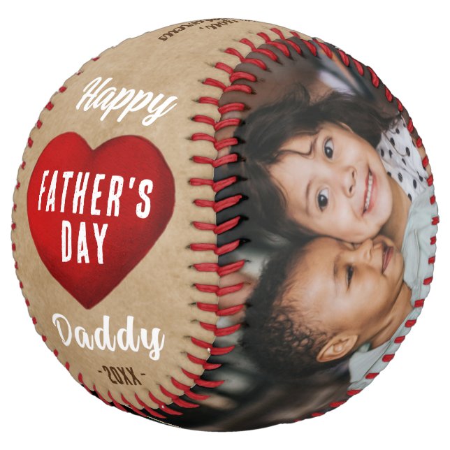 Rustic Red Heart Happy Father's Day Daddy 2 Photo Softball (Angled)