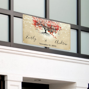 Rustic Red Heart Leaf Tree on Black Wedding  Banner