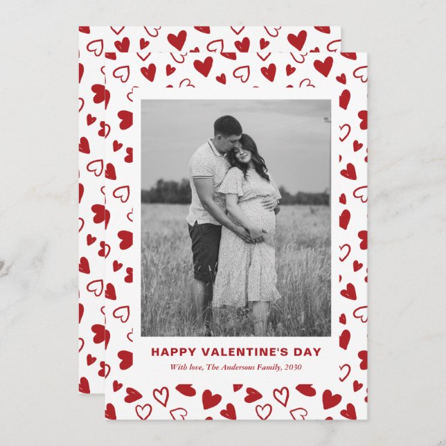 Rustic Red Hearts Pattern One Photo Valentines Day Holiday Card (Front/Back)
