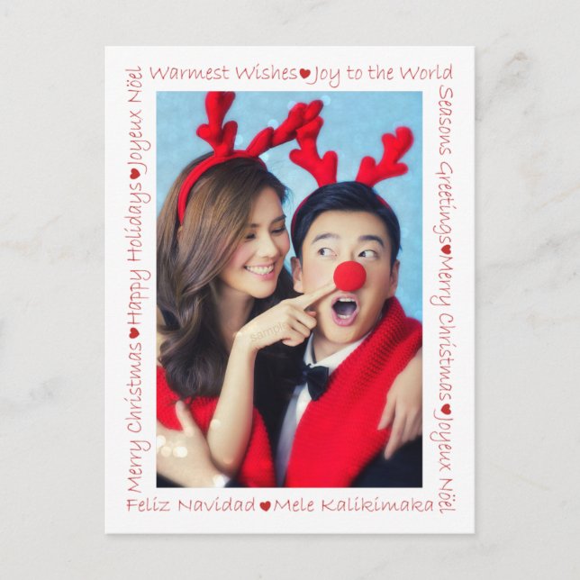 Rustic Red Hearts & Xmas Words 2 Photo Border Postcard (Front)