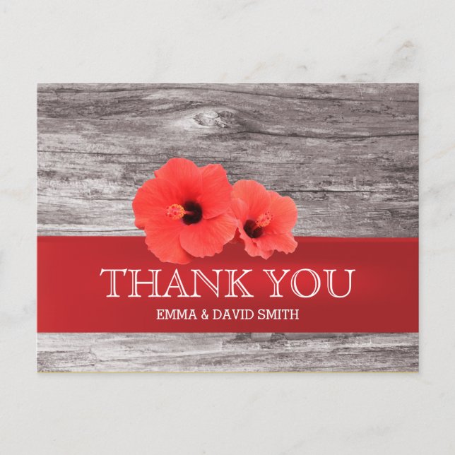 Rustic Red Hibiscus Wood Background Thank You Postcard (Front)