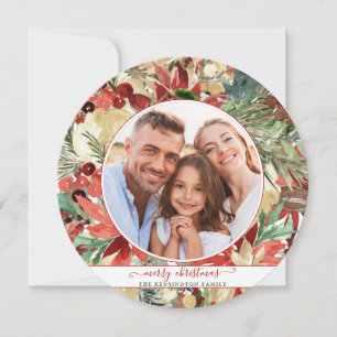 Rustic Red Holiday Floral Christmas Photo Card
