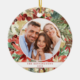 Rustic Red Holiday Floral Christmas Photo Ceramic  Tree Decoration