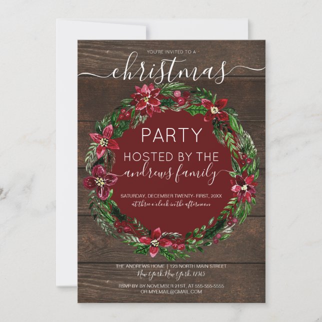 Rustic Red Holly Floral Wreath Wood Christmas Invitation (Front)
