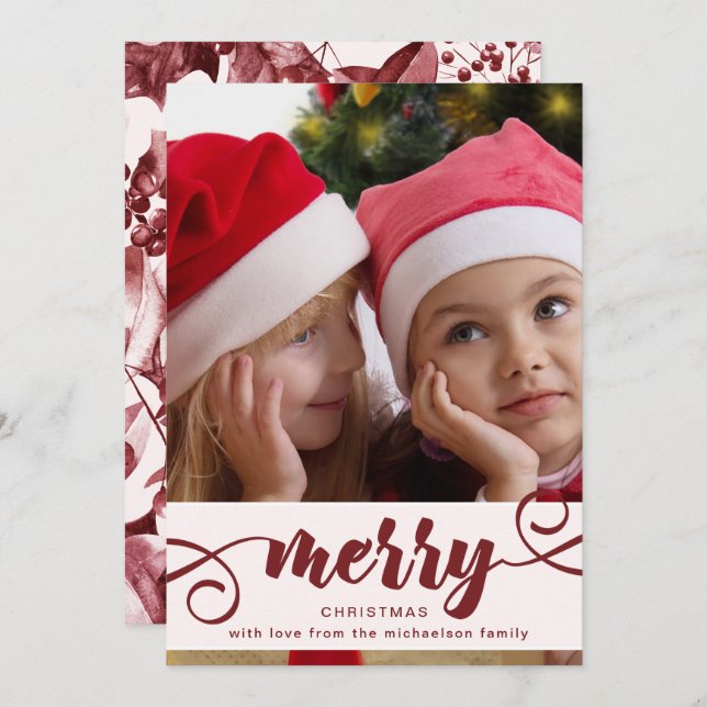 Rustic Red Holly with Photo Christmas Holiday Invitation (Front/Back)