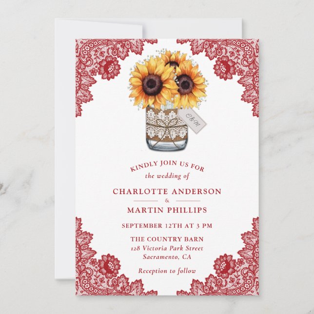 Rustic Red Lace Sunflower Wedding Invitation (Front)