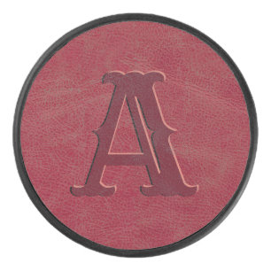 Rustic Red Leather Texture Monogram Initial Hockey Puck