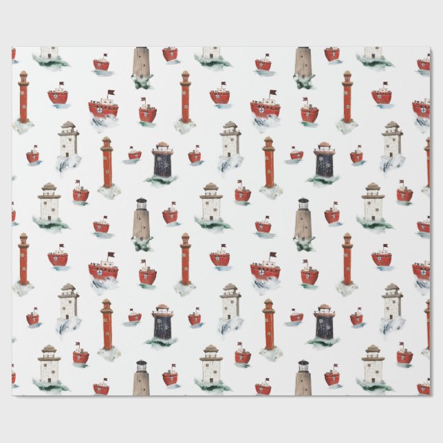 Rustic Red Lighthouses Boats In Stormy Seas 3 Wrapping Paper (Flat)