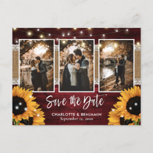 Rustic Red Lights Sunflower 3 Photo Save The Date Announcement Postcard