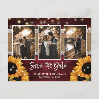 Rustic Red Lights Sunflower 3 Photo Save The Date Announcement Postcard