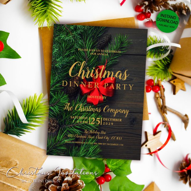 Rustic Red Loop Gold Christmas Party Invitation (Creator Uploaded)