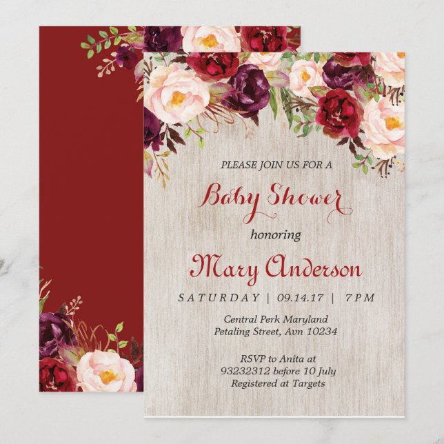 Rustic Red Marsala Baby Shower Invitation (Front/Back)