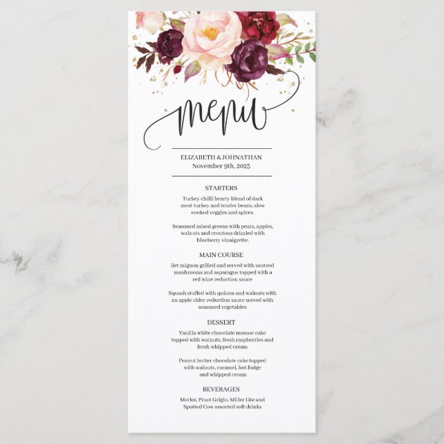 Rustic red marsala blush pink floral roses peonies menu (Front)