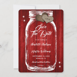 Rustic Red Mason Jar Burlap Heats Wood Wedding Save The Date