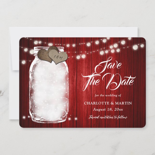 Rustic Red Mason Jar String Lights Wedding Save The Date (Front)