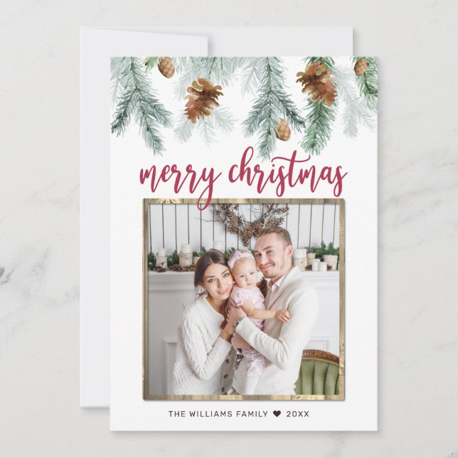 Rustic Red Merry Christmas Pine Cones Photo Holiday Card (Front)