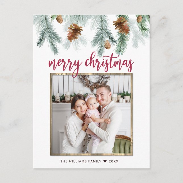 Rustic Red Merry Christmas Pine Cones Photo Holiday Postcard (Front)