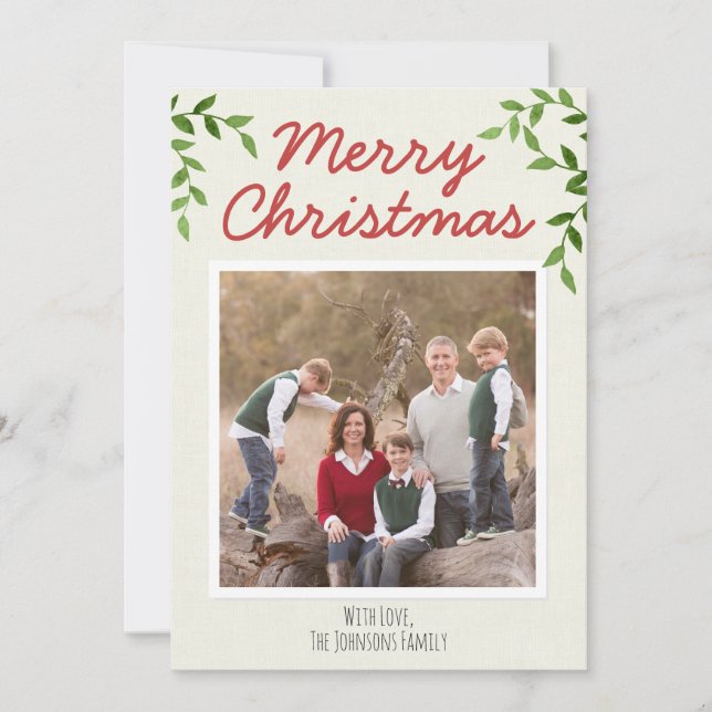 Rustic Red Merry Christmas Script Leaves 10 Photo Holiday Card (Front)