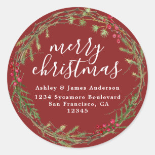 Rustic Red Merry Christmas Wreath Return Address Classic Round Sticker