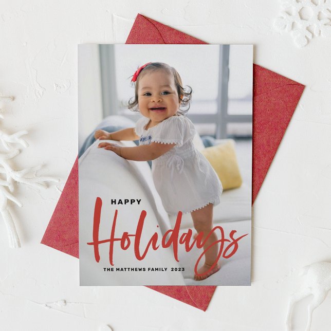 Rustic Red Modern Calligraphy Happy Holidays Photo Holiday Card (Creator Uploaded)
