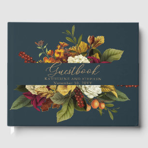 Rustic Red Orange Boho Floral Bouquet Wedding Guest Book