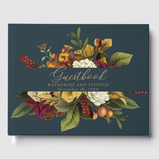 Rustic Red | Orange Boho Floral Bouquet Wedding   Guest Book (Front)