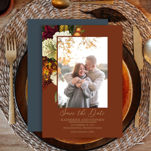 Rustic Red | Orange Floral Bouquet Photo Rust Teal Save The Date (Creator Uploaded)