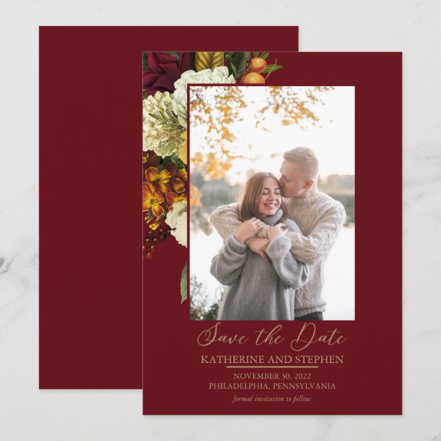 Rustic Red | Orange Floral Bouquet Photo Save The Date (Front/Back)