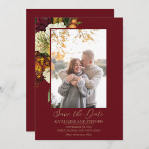Rustic Red   Orange Floral Bouquet Photo Save The Date