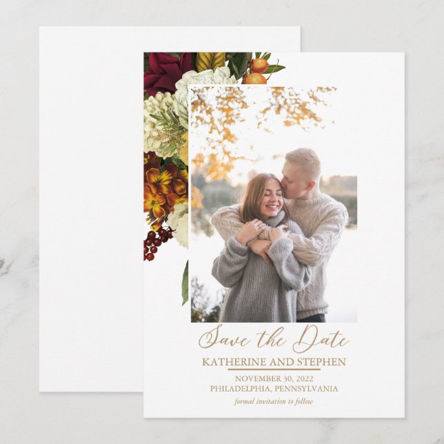 Rustic Red | Orange Floral Bouquet Photo White Save The Date (Front/Back)