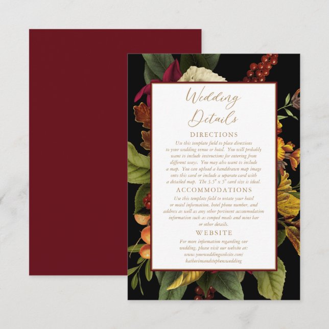 Rustic Red | Orange Floral Bouquet Wedding Details Enclosure Card (Front/Back)