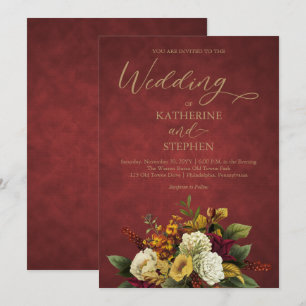 Rustic Red Orange Gold Floral Bouquet Wedding Invitation