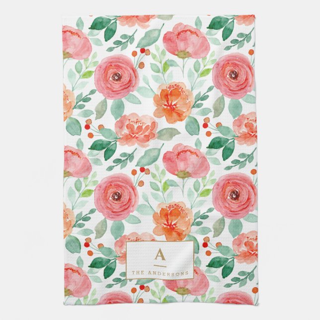 Rustic Red Orange Watercolor Flowers Monogram Tea Towel (Vertical)