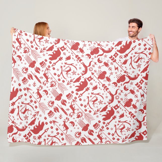 Rustic Red Owl Bear Deer Fox Woodland Pattern Fleece Blanket (In Situ)