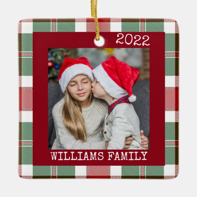 Rustic Red Photo Buffalo Plaid Ornament (Front)