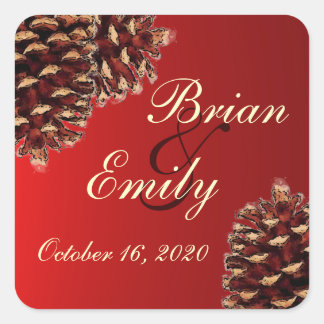 Rustic red pine cone wedding stickers