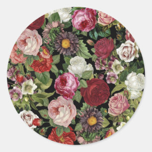 Rustic Red Pink Floral Greenery Black Classic Round Sticker