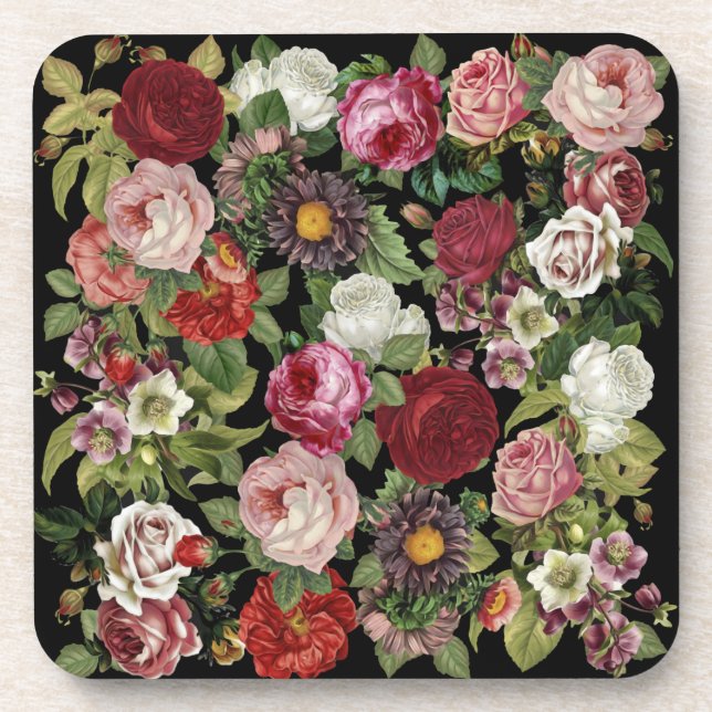 Rustic Red Pink Floral Greenery Black Coaster (Front)
