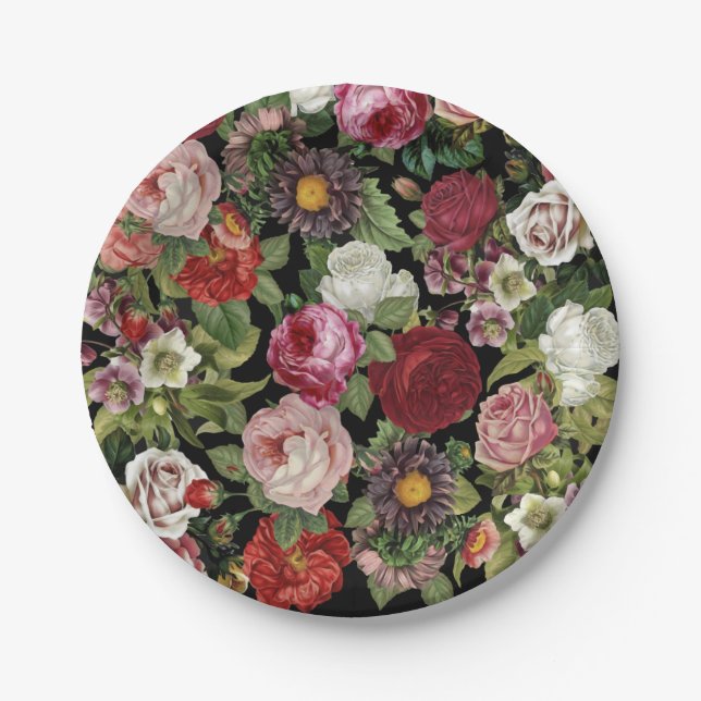 Rustic Red Pink Floral Greenery Black Colourful  Paper Plate (Front)