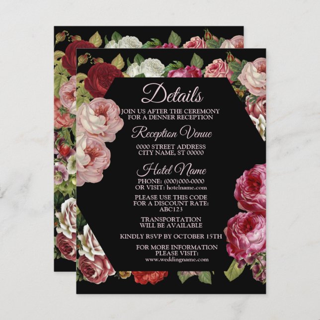 Rustic Red Pink Floral Greenery Black Detail Enclosure Card (Front/Back)