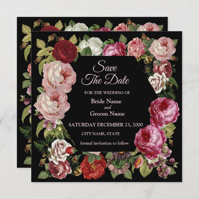 Rustic Red Pink Floral Greenery Black Save The Date (Front/Back)