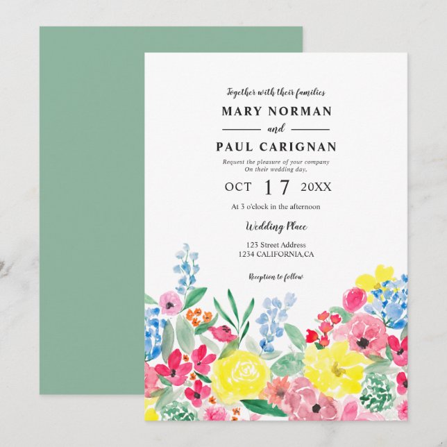 Rustic red pink floral watercolor green wedding invitation (Front/Back)