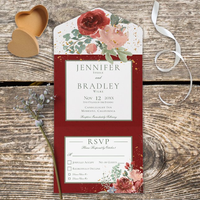 Rustic Red Pink & Gold Floral Dinner All In One Invitation (Creator Uploaded)