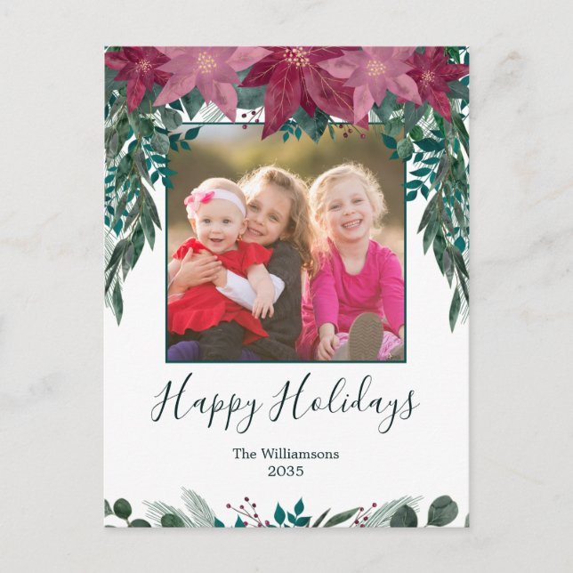 Rustic Red Pink Poinsettia Greenery Photo Holiday Postcard (Front)