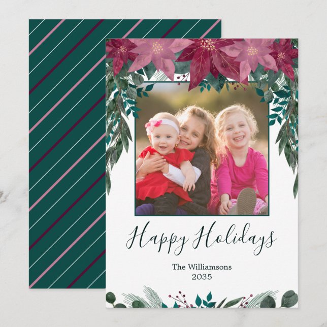 Rustic Red Pink Poinsettias Greenery Boho Photo Holiday Card (Front/Back)