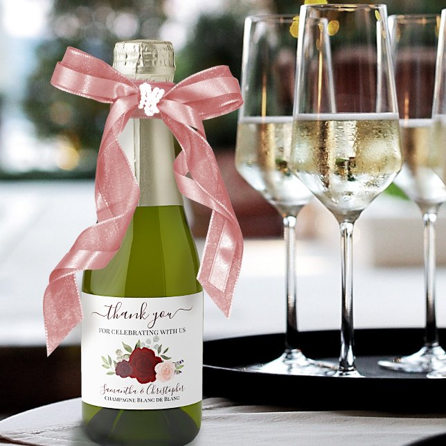 Rustic Red & Pink Roses Wedding Thank You Mini Sparkling Wine Label (Creator Uploaded)