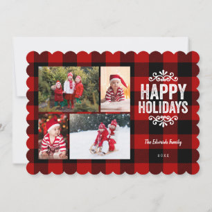 Rustic Red Plaid 4 Photo Christmas Letter Holiday Card